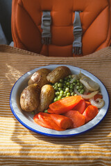 first blw baby food, little baby eating organic vegetables with BLW method. Infant eating healthy food. self feeding.