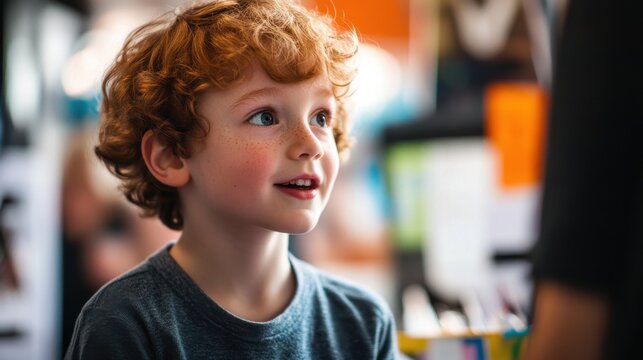 Adorable Redhead Boy with Freckles, Curious Gaze, and Curly Hair