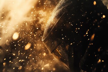 Mysterious Figure in Dark Hood Surrounded by Dynamic Dust and Sparkle Particles Illustrating an Intriguing Atmosphere of Fantasy and Adventure