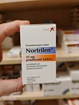 Prague,Czech Republic-October 9 2024: Nortrilen contains NORTRIPTYLINE, a tricyclic antidepressant used to treat depression and certain chronic pain conditions, promoting mental and physical wellness.