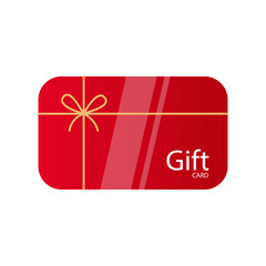 Red Gift Card and Gift Certificate Template with Gold Ribbon and Bow. Greeting or Sale Card. Birthday, Christmas, Party Gifts, Invitation. Flat vector illustration on isolated white background.
