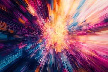 Obraz premium Dynamic abstract image featuring vibrant, colorful light streaks radiating outward, creating an energetic and modern digital art effect.