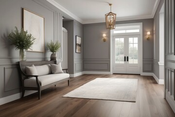 foyer and entryway in new home with hardwood floors, couch, lamp