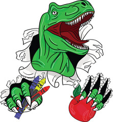 T-Rex Dinosaur Claws Ripping Illustrations Holding an Apple and Crayon, Back to School, 100 Days of School. Art & Illustration