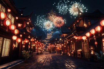 Chinese New Year Celebration: Fireworks Over Ancient Street with Lanterns and Traditional Architecture. AI generated illustration