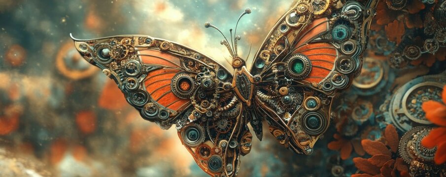 An intricate steampunk butterfly unfurls in a surreal dreamscape.