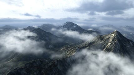 Aerial Enigma: Mysterious Mountains Veiled in Low Clouds with Dramatic Lighting