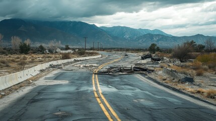 Desolate Mountain Road Wreckage, Destruction, and Stormy Sky