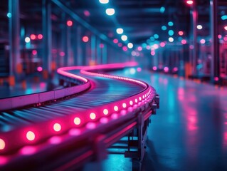 Automated tracking of stock movement in warehouse, selective focus, industrial theme, vibrant, manipulation, conveyor belt backdrop