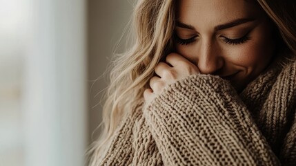 Emotional support and therapy as foundations for self-care A woman in a cozy sweater smiles while playfully covering her face.