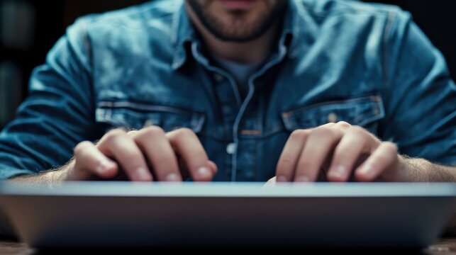 Over shoulder closeup view man IT coder programmer software engineer use laptop computer typing code develop program programming java language application on screen web system app development concept