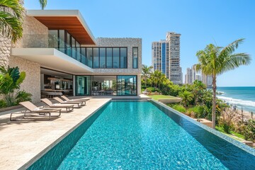 Fototapeta premium Luxurious beachfront villa with infinity pool overlooking tropical ocean