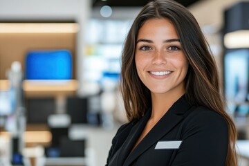 Naklejka premium A stylish young woman with a warm smile stands in a high-end retail store, offering a welcoming vibe and showcasing excellence in customer engagement and retail experience.