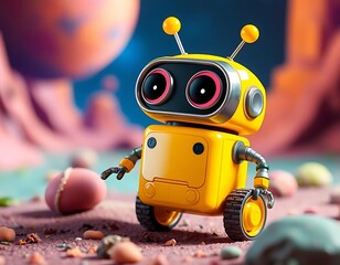 Cute Yellow Robot Exploring a Colorful Planet, Generative AI