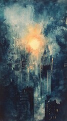 Fototapeta premium A captivating futuristic cityscape featuring towering skyscrapers under a dramatic sky with a glowing sun, creating a dreamlike atmosphere.
