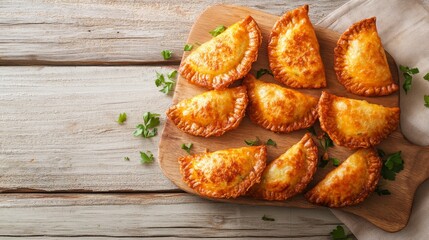 Flat lay of a plate golden brown pastries in wooden table 