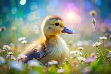 Adorable double exposure: fluffy ducklings amidst spring's vibrant nature.