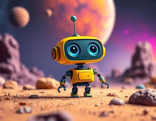 Cute Yellow Robot Exploring a Colorful Planet, Generative AI