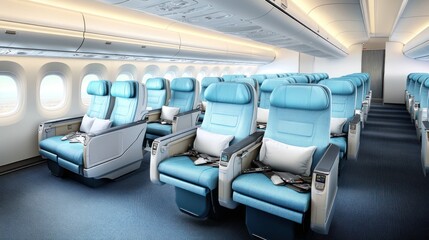 Fototapeta premium Modern airplane cabin interior with light blue seats, overhead compartments, and windows.