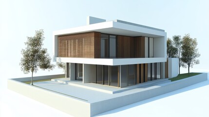 Modern architectural design featuring a sleek, minimalist house with wooden accents.
