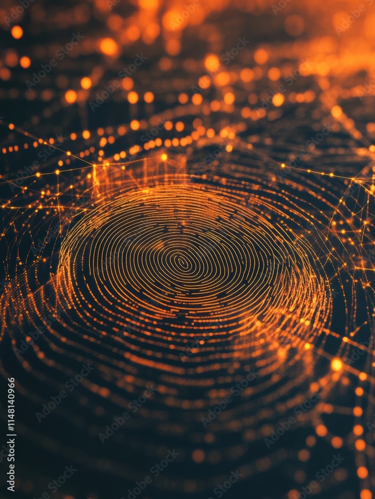 Poster Digital fingerprint graphic showcasing intricate patterns with glowing lines and copy space for design elements. Generative AI