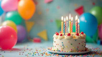 Birthday cake with candles and colorful balloons on a blue background, closeup. generated by AI