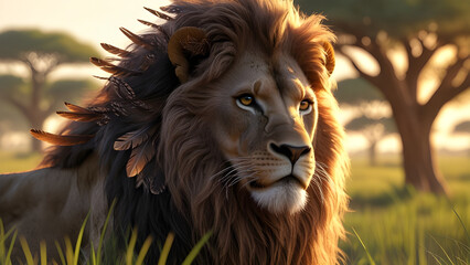 Naklejka premium Majestic Lion in the Golden Afternoon A Hyper-Realistic Portrait