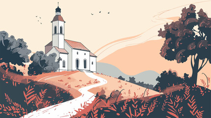 Naklejka premium Serene Landscape with Church on Hill for Pilgrimage - Spiritual Journey Picture