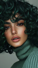 Fototapeta premium Close-Up Portrait of a Beautiful Woman with Emerald Curly Hair