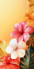 Fototapeta premium Colorful hibiscus flowers with green leaves on a warm gradient background, perfect for nature-themed designs and floral art.
