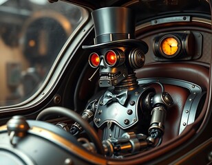 Steampunk Robot Pilot in a Futuristic Airship, Generative AI