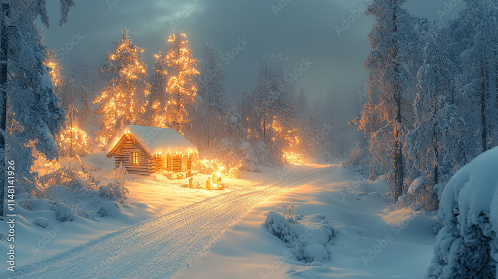 Poster a stunning view of a snow-covered forest at night, with a single beam of light illuminating a small 