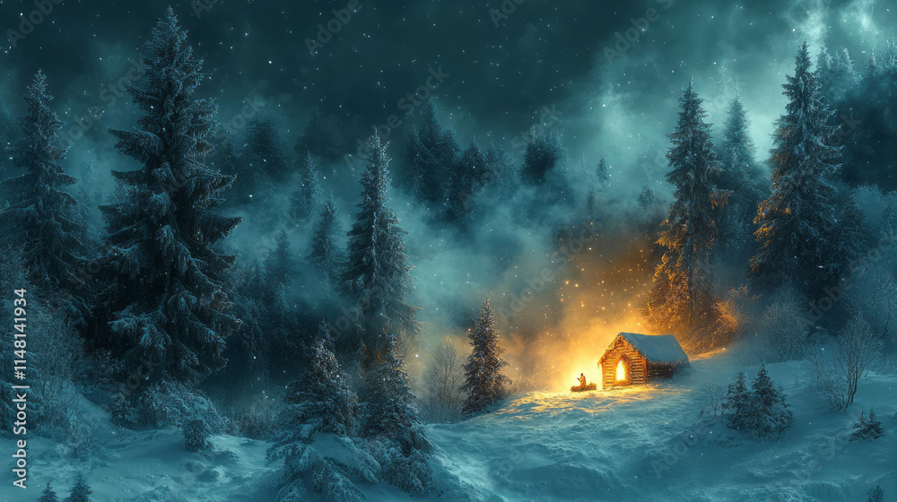 Poster a stunning view of a snow-covered forest at night, with a single beam of light illuminating a small 