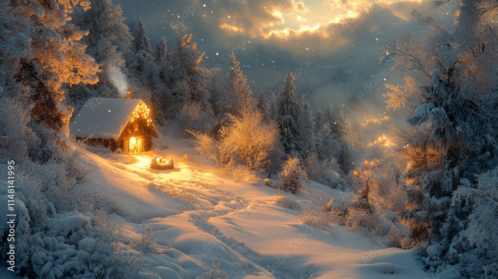 Poster a stunning view of a snow-covered forest at night, with a single beam of light illuminating a small 