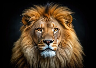 Fototapeta premium A majestic lion, powerfully framed against a stark black backdrop, commands attention in this wildlife portrait.
