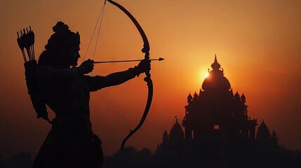 Lord Rama Silhouette with Bow and Arrow in Front of Ram Mandir at Sunset: A Glimpse of Indian Mythology. AI generated illustration