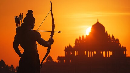 Lord Rama Silhouette with Bow and Arrow in Front of Ram Mandir at Sunset: A Glimpse of Indian Mythology. AI generated illustration