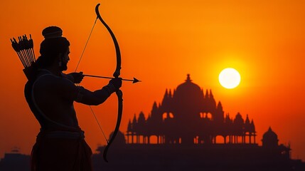 Lord Rama Silhouette with Bow and Arrow in Front of Ram Mandir at Sunset: A Glimpse of Indian Mythology. AI generated illustration