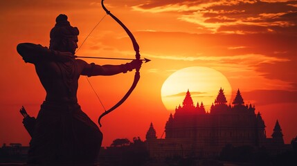 Lord Rama Silhouette with Bow and Arrow in Front of Ram Mandir at Sunset: A Glimpse of Indian Mythology. AI generated illustration