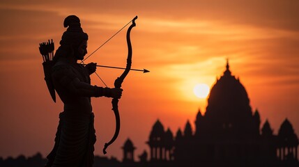 Lord Rama Silhouette with Bow and Arrow in Front of Ram Mandir at Sunset: A Glimpse of Indian Mythology. AI generated illustration