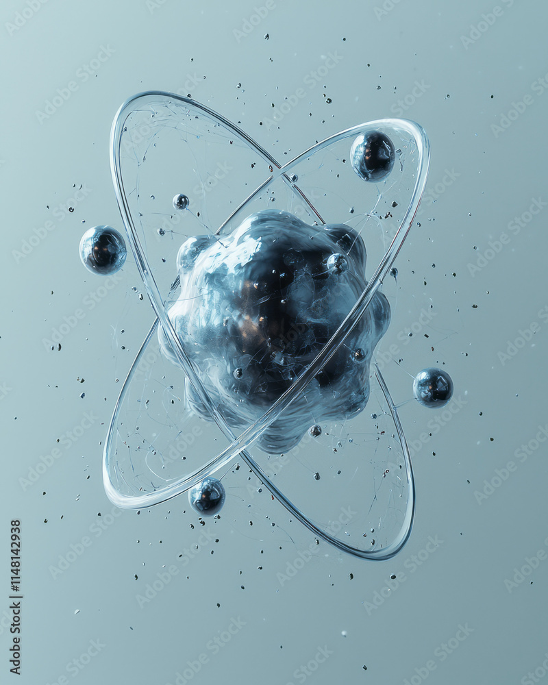 Poster a 3d illustration of an atom with floating electrons, creating a visual of atomic energy,