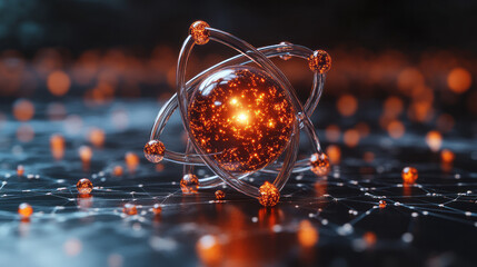 A highly detailed 3D model of an atom, showing the arrangement of electrons around the nucleus,