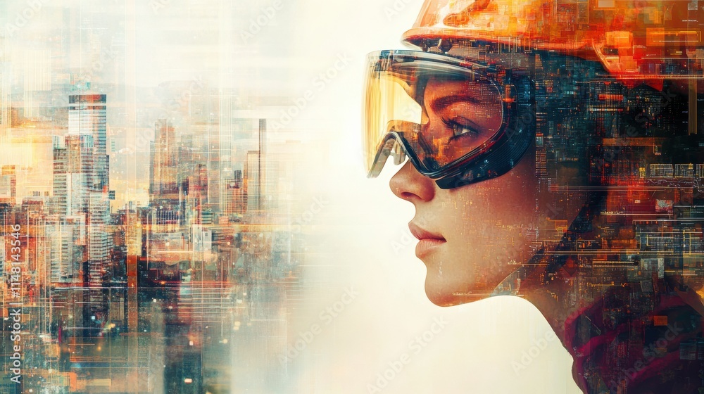 Poster profile of a worker in safety helmet and goggles against an abstract city backdrop highlighting urba