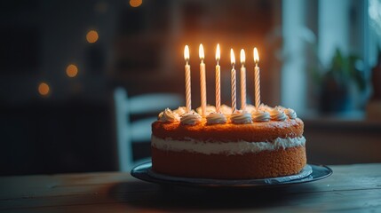 Birthday cake with candles in table isolated blurred background