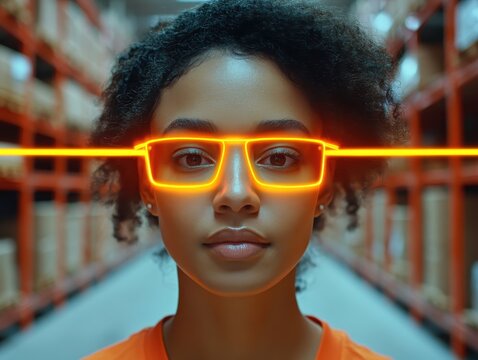 Employee scanning items for precise inventory tracking, focus on, warehouse theme, realistic, blend mode, storage racks backdrop