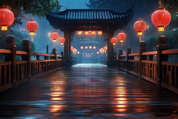 Traditional Chinese Wooden Bridge with Red Lanterns in Fantasy Landscape: Rainy Night. AI generated illustration