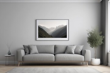 Grey settee near white cupboard in minimal living room interior with posters on the wall
