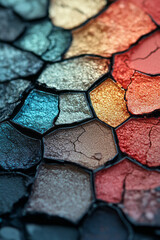 A close-up of a broken eyeshadow palette, with fragments of powder and shattered sections visible,