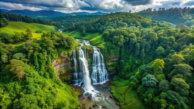 Breathtaking aerial view of Kote Abbe Falls, Coorg, Karnataka: a scenic Indian waterfall captured in stunning photography.