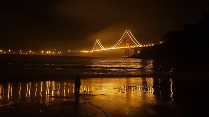 Obraz premium Night cityscape, illuminated bridge, lone figure on beach.